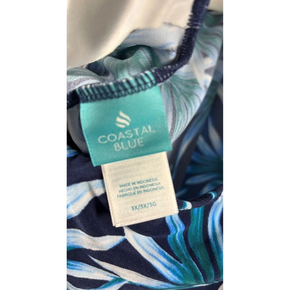 Coastal Blue Womens 3X Tropical‎ Palm Leaf Halter Tankini Top Navy Teal White